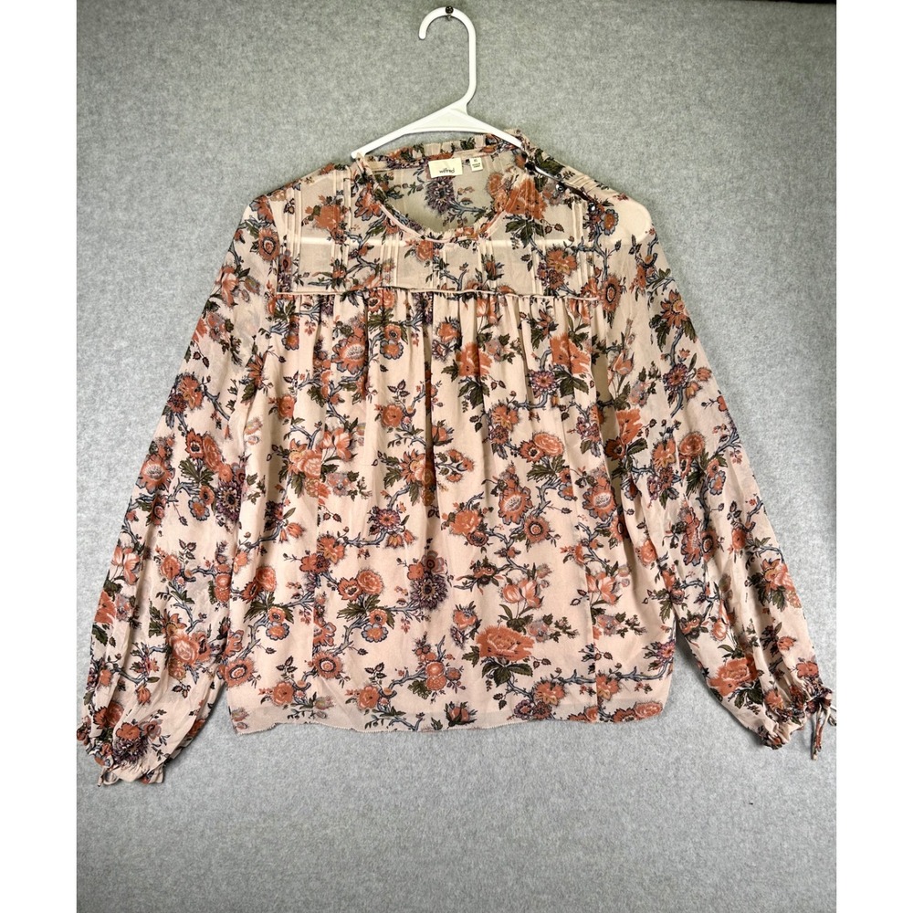 Wilfred Aritzia Floral Chiffon Blouse Womens XS Pink Orange Pintuck Pleated Top